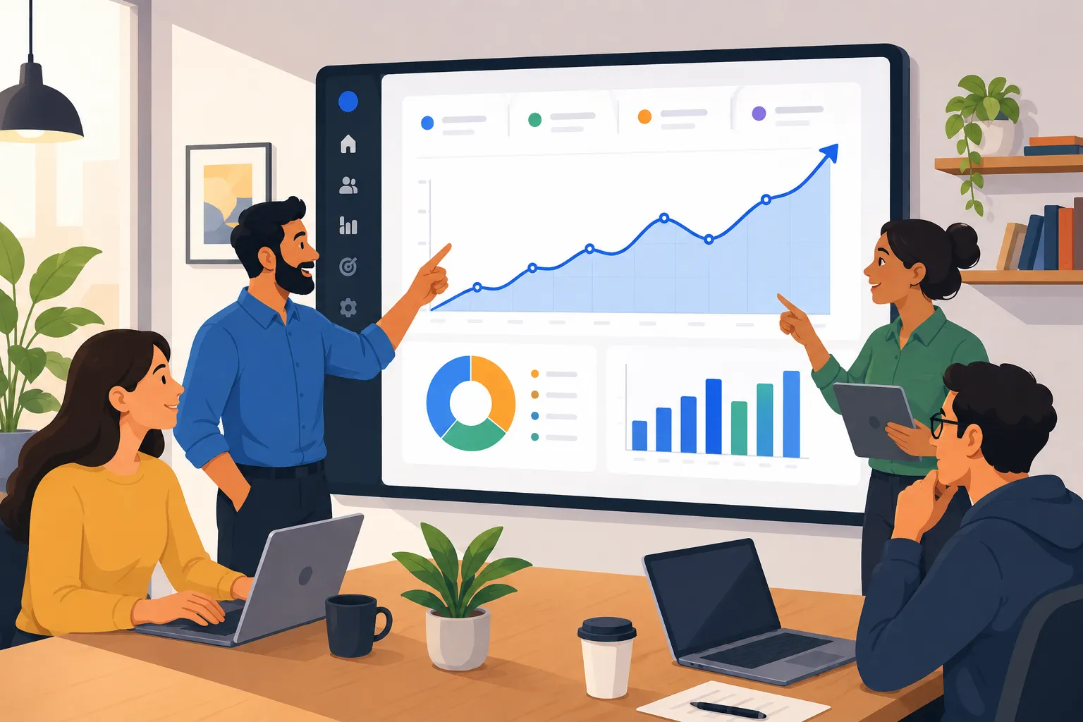 Digital marketing team reviewing Google Analytics 4 guide reports